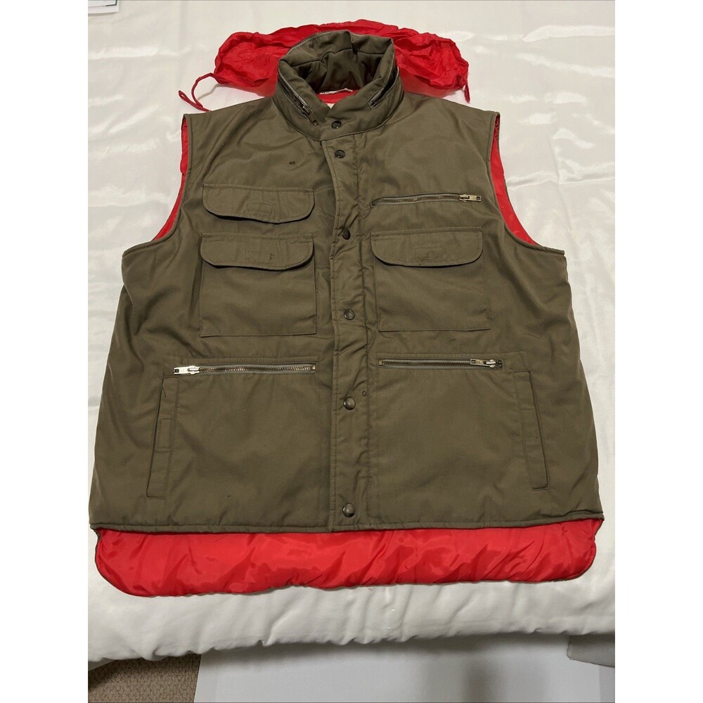 VTG SEARS Fieldmaster Mens XL Tall Puffer Vest Red Quilted Full Zip Pockets Hood